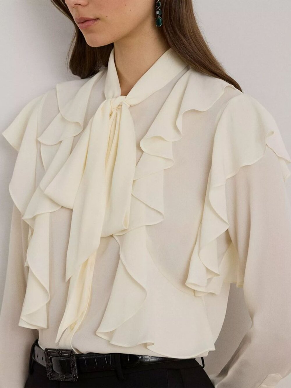 Lauren Ralph Lauren Ruffle Trim Georgette Tie Neck Blouse